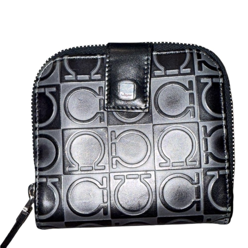 Salvatore Ferragamo Black Embossed Gancini Zip Wallet with COA